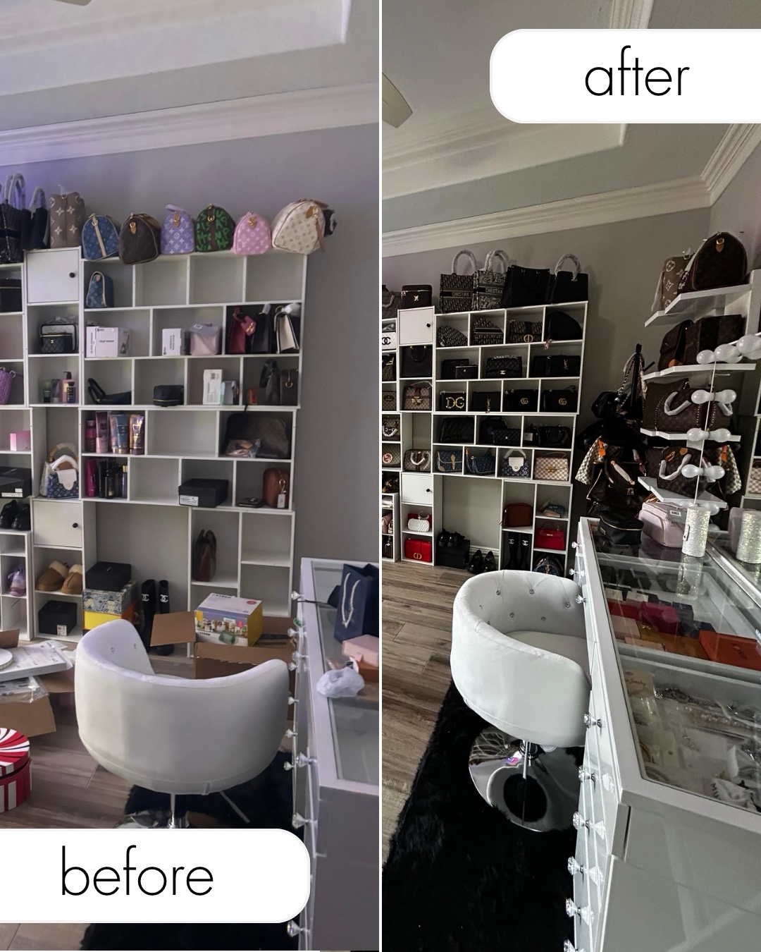 Before and after of a closet and handbag room organized by Re-set by Aury