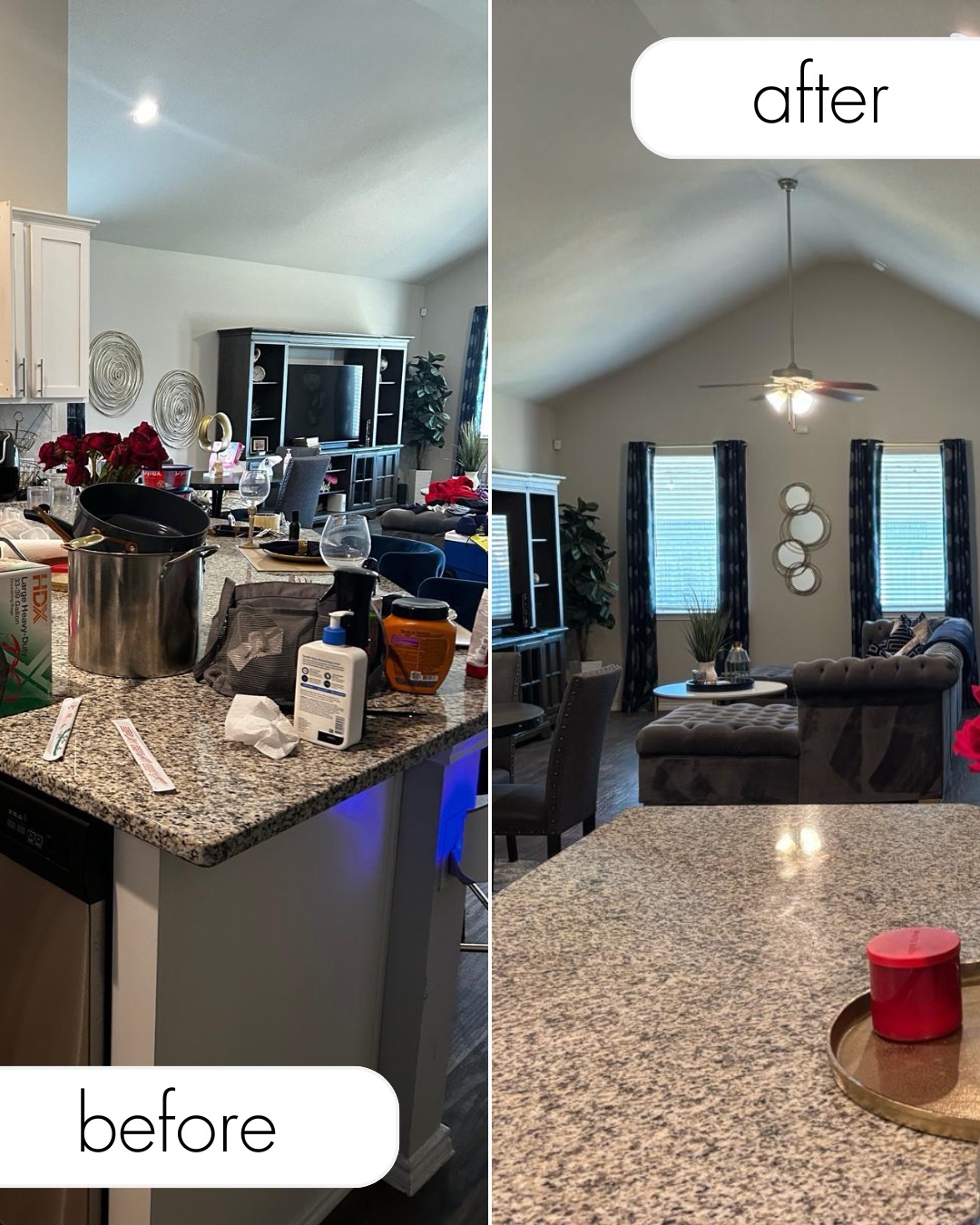 Before and after of a kitchen and living space organized by Re-set by Aury